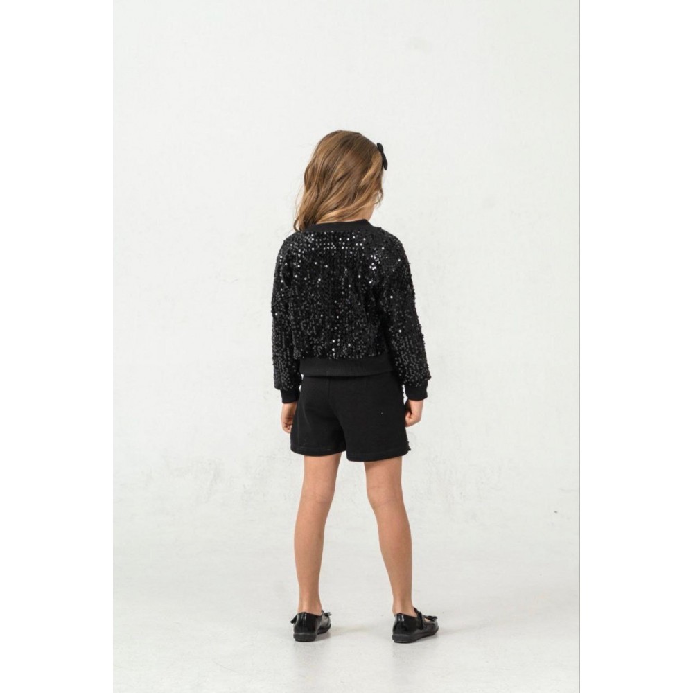 Payetli Siyah Şort Etek Ceket 3lü Takım